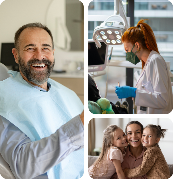 Happy dentist with a smiling patient; dental professional working; family enjoying time together.